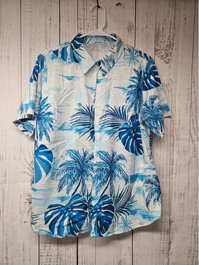 Men’s Blue Tropical Hawaiian Shirt Palm Tree Beach Sailboat Button Up Size XL